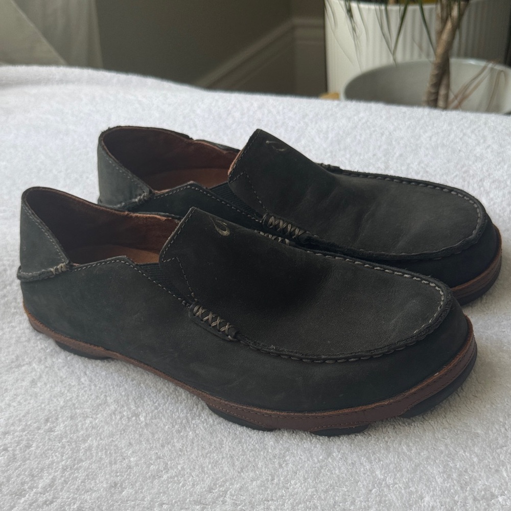 OluKai Charcoal Leather Slip-On Loafers